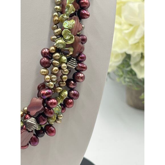 5-Strand MultiColor Purple Green Pink Freshwater Pearl Flower Bead Necklace - Picture 3 of 12